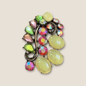 Vintage SFIRN Multicolor Rhinestone & Cabochon Brooch Pin 3x2 Inches